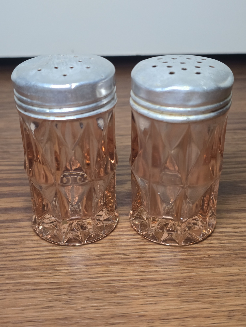 Faceted Pink Glass Salt and Pepper Shaker Set with Silver Tops